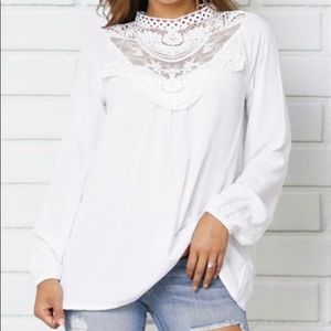 White Lace-Yoke Bishop Sleeve Top